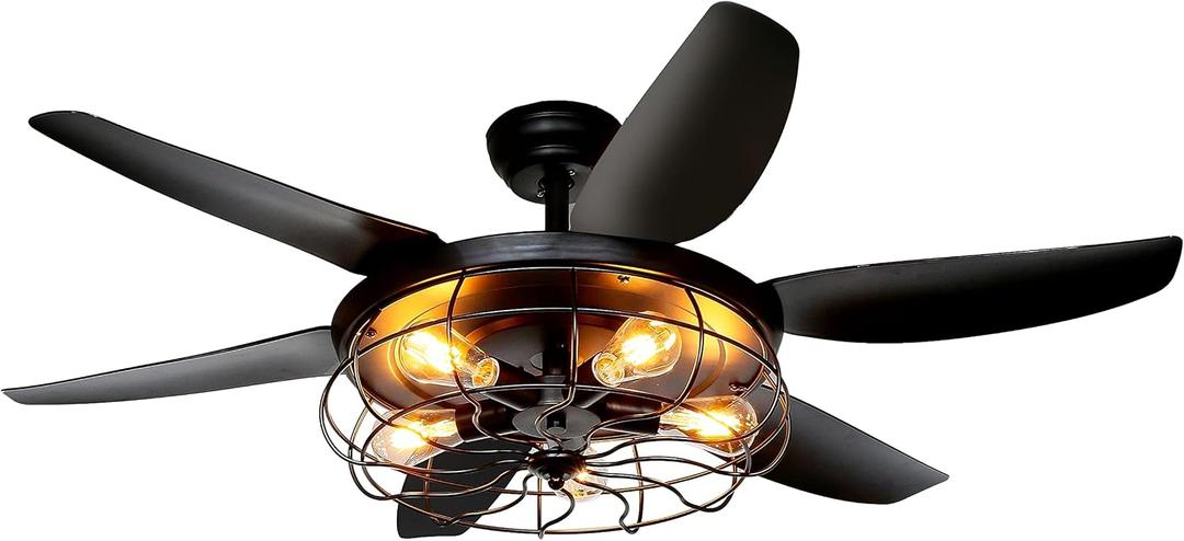 Ohniyou Ceiling Fans with Lights and Remote - 52 Inch Farmhouse Ceiling Fan with Caged Light Fixture - Black Industrial Outdoor Ceiling Fan Lights for Patio, Living Room, Kitchen & Bedroom