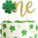 Glitter Shamrock One Cake Topper, Saint Paddy's Day Irish Themed 1st Birthday Party Supplies, 4 Leaf Clover Food Picks Glitter Party Decorations