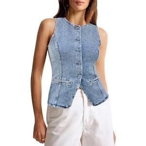 Tankaneo Womens Button Down Denim Vest Tops Sleeveless Fitted Jean Tank Tops Summer Trendy Casual Waistcoat, Size L