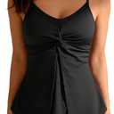 Aidonger Tankini Swimsuits for Women Tummy Control Twist Front V Neck Bathing Suits Two Piece Flowy Swimwear with Shorts (Large, Black)