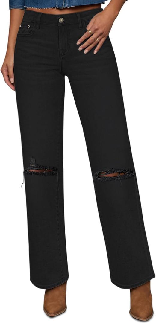 Straight Leg Jeans for Women Trendy High Waisted Cropped Boyfriend Mom Stretchy Frayed Hem Loose Wide Leg Baggy Pants (Black)