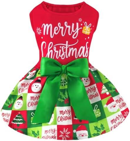 XPUDAC Dog Christmas Outfit Dog Dress Holiday Puppy Clothes for Small Dogs Girl, Pet Costume Cat Outfits Green Red-Small