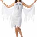 Seasons Shimmer Ghost Costume For Adult, White Hooded Halloween Dress With Black Light Effect (Medium)