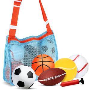 5 Pieces Ball Mini Inflatable Sport Balls Include Soccer Ball, Basketball, Baseball, Football and Tennis Ball with Pump and Mesh Bag for toddlers Indoor Outdoor Playground Garden Beach Pool Toys