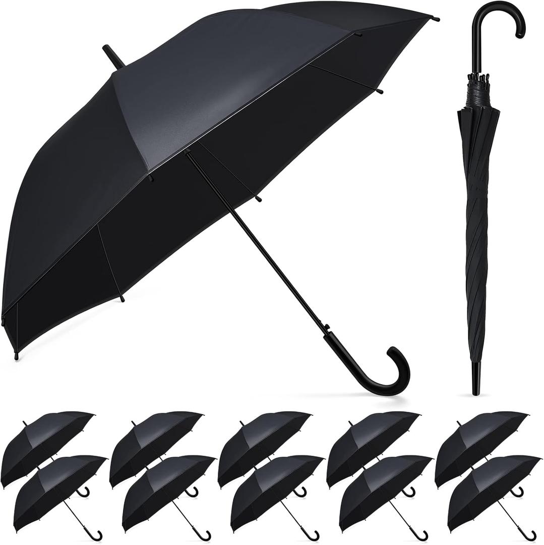 Reginary 12 Pack Black Umbrella Wedding Style Stick Umbrellas Large Canopy Windproof Transparent Stick Umbrellas Wedding Rain Transparent Umbrellas Bulk Auto Open J Hook Handle