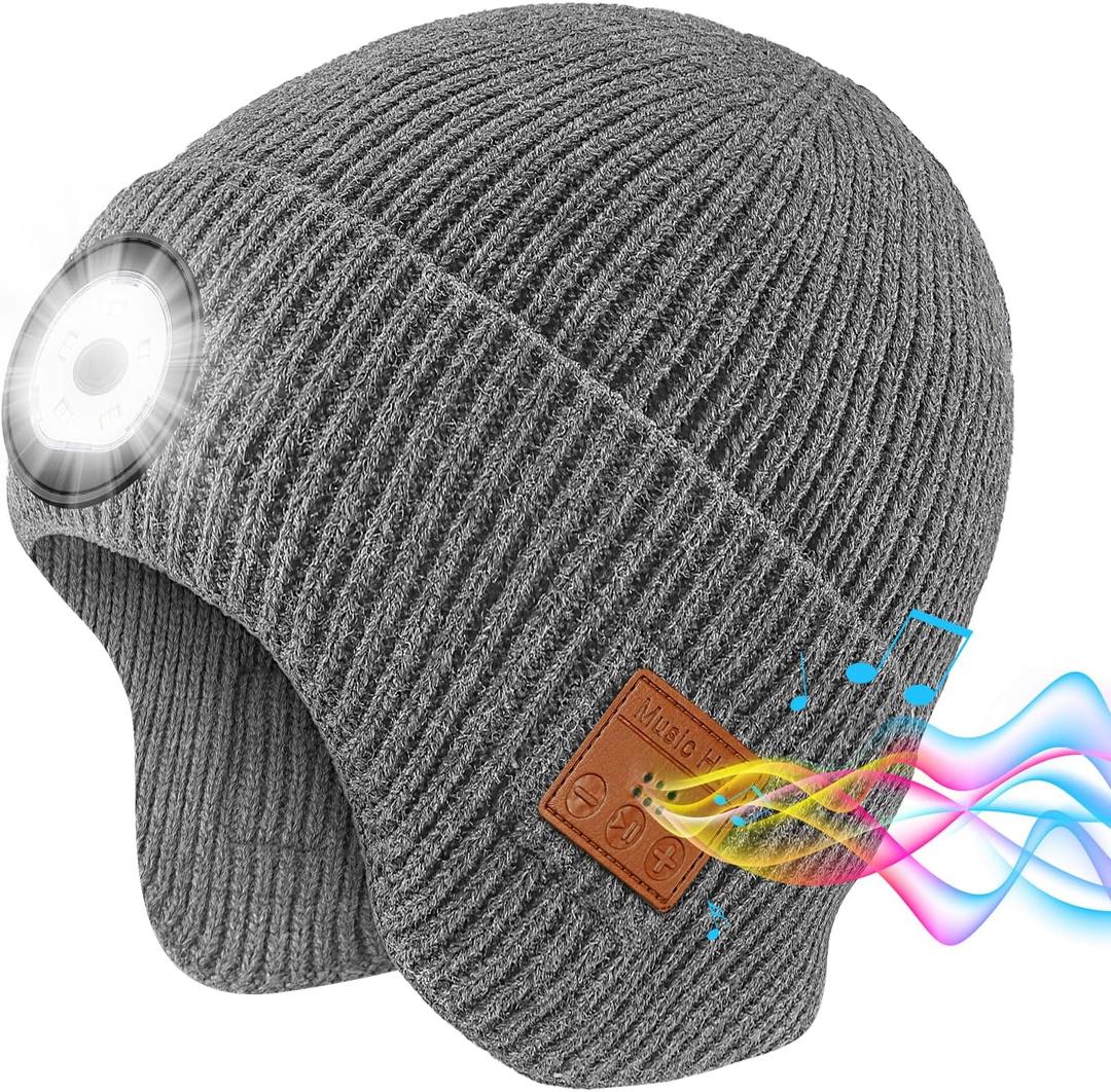 Bluetooth Beanie with Light, Built-in Wireless Headphones & Stereo Speakers - USB Rechargeable Bluetooth Hat | Unique Tech Gifts Birthday Gifts for Men and Women (Light Grey, Adult)