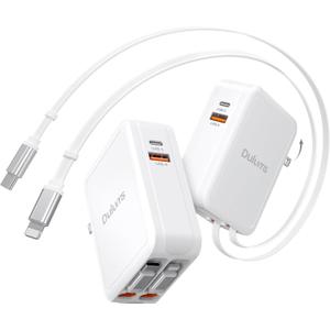 2026 Updated 65W Retractable Phone Charger, 1 Pack Retractable Gan Wall Charger with 2.6FT Lightening+ Type C Cables, 4-in-1 Travel Essentials Brick Multiport for Mac Book Pro/ Air, iPhone 17, iPad, Galaxy