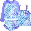 Funnycokid Girls Swimsuit 3 Pieces Long Sleeve Rash Guard Set Tankini Bathing Suits Summer Kids Swimwear 3-10 Years (6-7 Years, A-purple Mermaid)