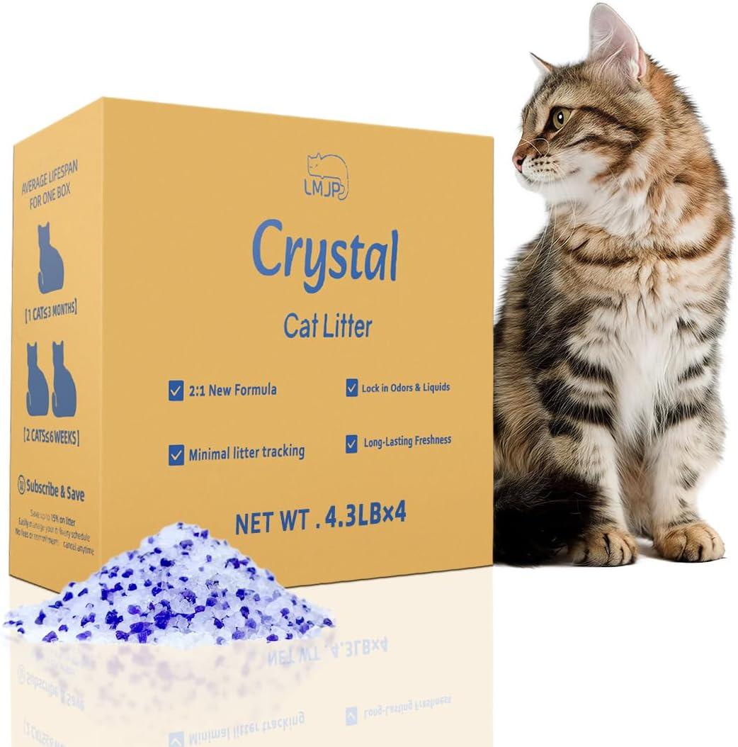 LMJP Crystal Cat Litter with Powerful Odor Control, Non-Clumping, Lasts Up to 4 Months, 17.2lb, Rapid Water Absorption, Unscented & Low Tracking Lightweight Blue & White Silica, 4 Pack of 4.3lb