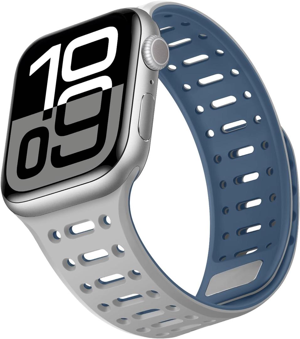Compatible with Apple Watch Band 49mm 46mm 45mm 44mm 42mm 41mm 40mm 38mm, Magnetic Silicone Sport Breathable Strap for iWatch Ultra 2 SE Series 10 9 8 7 6 5 4 (42/41/40/38mm, Gray/Blue)