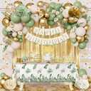 Sage Green Birthday Decorations, Olive Green Gold White Sand Balloons Happy Birthday Banner Tablecloth Gold Fringe Curtain Paper Pom Poms for Women Men Girls Boys Bday Party Decor