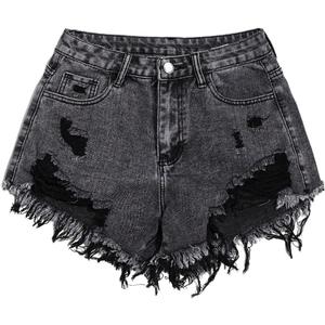 SOLY HUX Women's Ripped Raw Hem Jean Shorts High Waisted Straight Leg Denim Shorts Streetwear (Large)