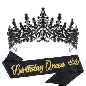 VELSCRUN Birthday Queen Tiara Crowns for Women Girls Black Crystal Birthday Queen Headband Sash Elegant Princess Crown Happy Birth Party Decorations Mom Sisters Birth Gift Hair Accessories