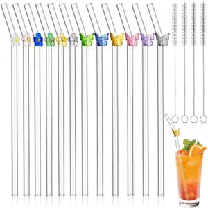 12Pcs Reusable Glass Straws, Cute Straws with Colorful Butterfly Flower, Clear Glass with 4 Cleaning Brushes for Smoothies, Milkshakes, Juices, Teas