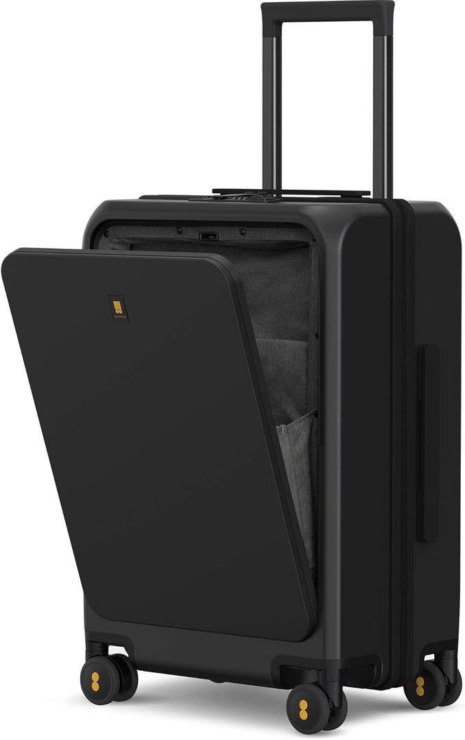 LEVEL8 Road Runner Pro Carry-On Luggage, 20 Lightweight PC Hardside Suitcase with Wheels, Spinner Trolley for Luggages with Front Compartment, Tsa Lock, Black