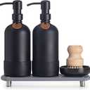 [Luxurious] Hand and Dish Soap Dispenser Set, Kitchen Soap Dispenser Set with Handmade Leather Tag, Instant Dry Tray, Stainless Steel Pump, Non-Slip Pad, Add Elegant Touch to Your Kitchen Sink (Black Bottle + Black Pump)