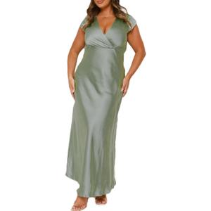 Summer Satin V Neck Wrap Maxi Dress for Women 2026 Elegant Silk Cap Sleeve Wedding Guest Dresses (XS, Sage)