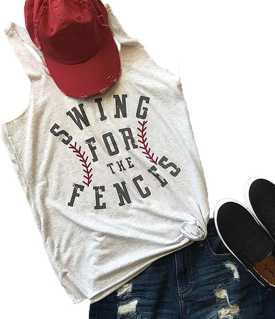 Baseball Shirt Women Swing for The Fences Racerback Tank Top Baseball Mom Summer Vest Sleeveless Casual T Shirt, Size Medium