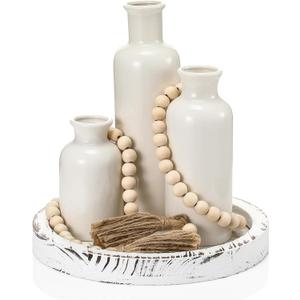 5 Pcs Rustic Country Tabletop Centerpieces Decor Set of 3 Boho Ceramic Vases with Wooden Serving Tray Wood Bead Garland Tassels Table Holder for Home Decorations(White)