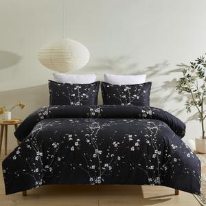 Soft Duvet Cover Set King Size with Zipper Closure and Corner Ties, Blossom/Branch Floral Printed Pattern Design, 3 Pieces Bedding Set, Black Color, Brushed Microfiber