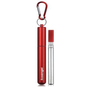 Cruise Ship Essentials, Reusable Collapsible Stainless Steel Drinking Straws with Aluminum Case, Cleaning Brush,and Keychains-Red