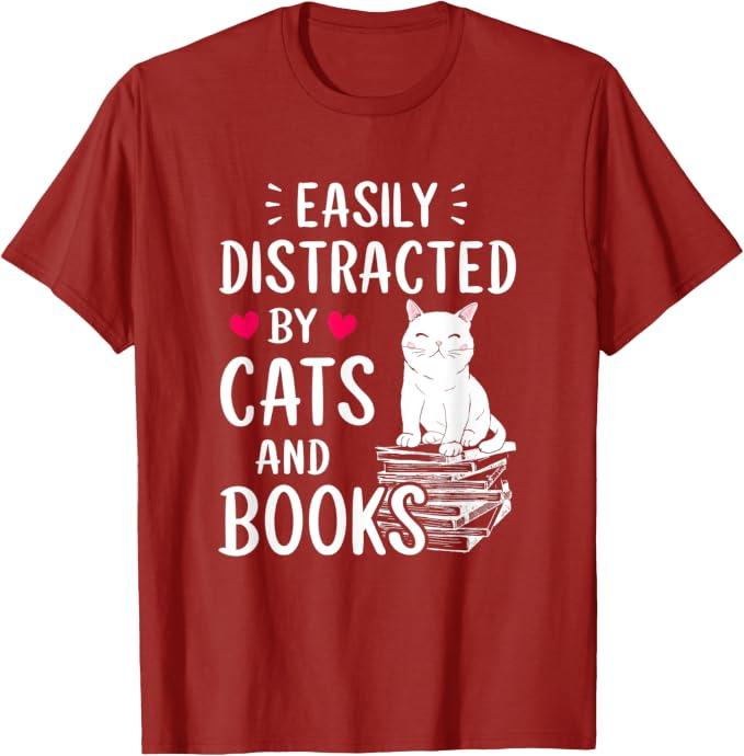 Easily Distracted by Cats and Books - Cat & Book Lover,Short Sleeve T-Shirt (Red, XXL)