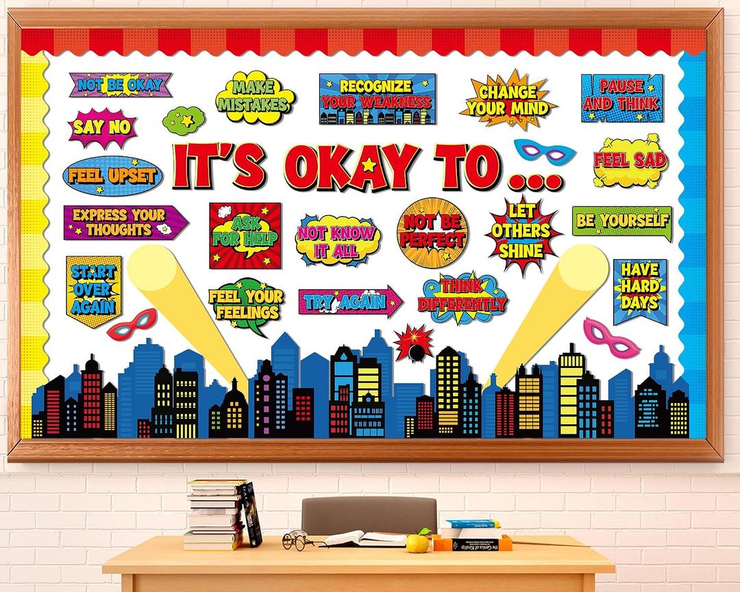 5 x Hero Theme It's Okay to Bulletin Board Set Hero Cityscape Inspirational Therapy Classroom Decor Affirmations Accents Bulletin Board Back to School Positive Cutouts for Office Chalkboard Wall Decor