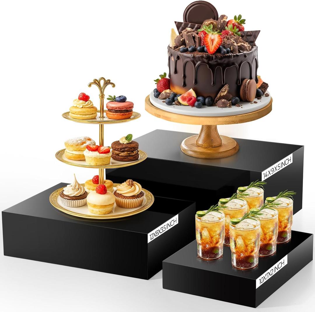 3 Pack Extra Large Acrylic Buffet Risers - 14, 12, 10 Black Display Stands with Hollow Bottoms, Cube Riser Boxes Nesting for Dessert Food Catering Buffet Display Party Supplies