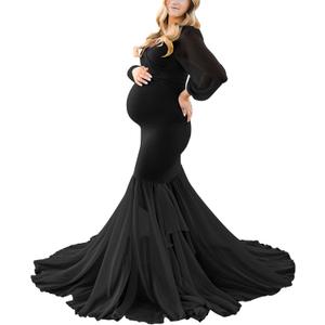Saslax Long Chiffon Sleeve Tired Mermaid Maternity Dress for Photoshoot Photography Baby Shower (Small, X-black 36)