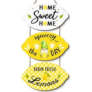 Lemon Kitchen Wall Decor Set of 3, Wooden Hanging Signs with Rope, Farm Fresh Lemon Home Sweet Home Wall Art for Kitchen, Dining Room, Farmhouse Summer Decor
