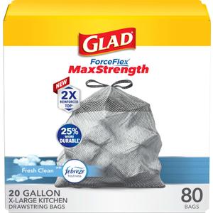 Glad ForceFlex MaxStrength Kitchen Drawstring Trash Bags, 20 Gal, Fresh Clean, 80 Ct, Pack May Vary