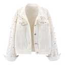 LifeShe Women's Pearls Denim Jacket Cropped Rhinestones Jean Jacket Coat, Large