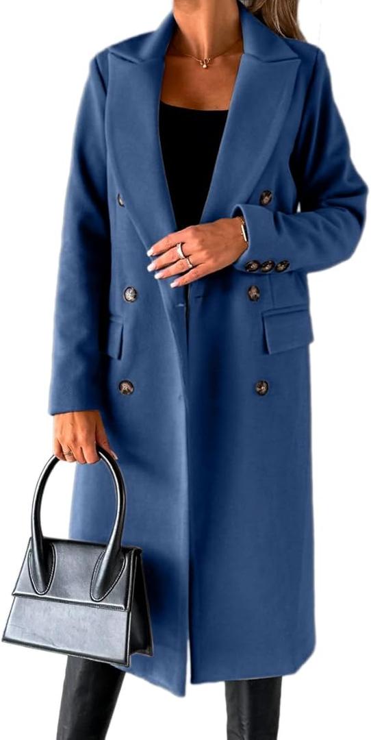 IDEALSANXUN Womens Long Wool Coat Double Breasted Trench Coat Fall Winter Clothes (Small, Navy)
