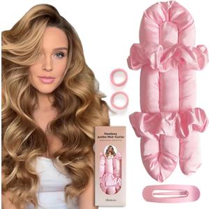 Jumbo Heatless Hair Curler Set-Satin Heatless Curls Overnight, Jumbo Curling Rod Headband, No Heat Curlers To Sleep in (Pink)