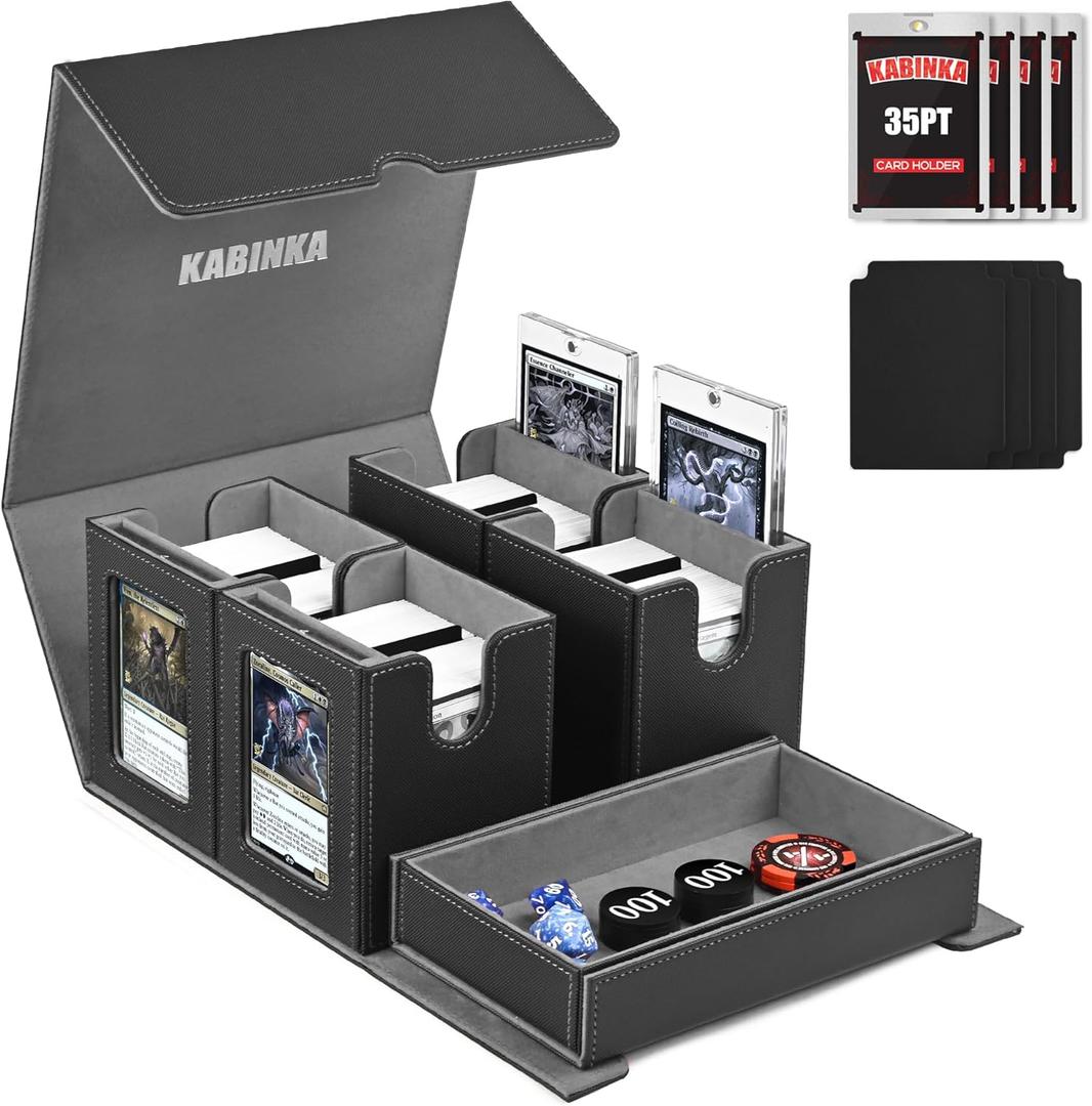 Kabinka Commander Deck Box for MTG Fits 400+ Double-Sleeved Card Storage, 5 IN 1 Removable Card Case with Dice Tray, Display Window for TCG/PTCG/EDH, 4 Magnetic One Touch Holders (Black)