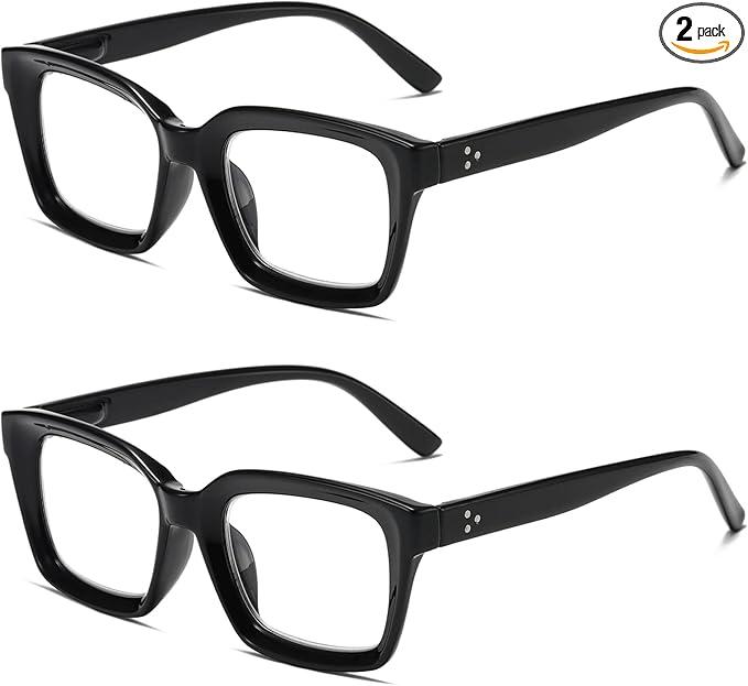 2 Pack Readers for Women Fashion Style Square Reading Glasses with Spring Hinge Blue Light Blocking for Men Ladies D +2.0