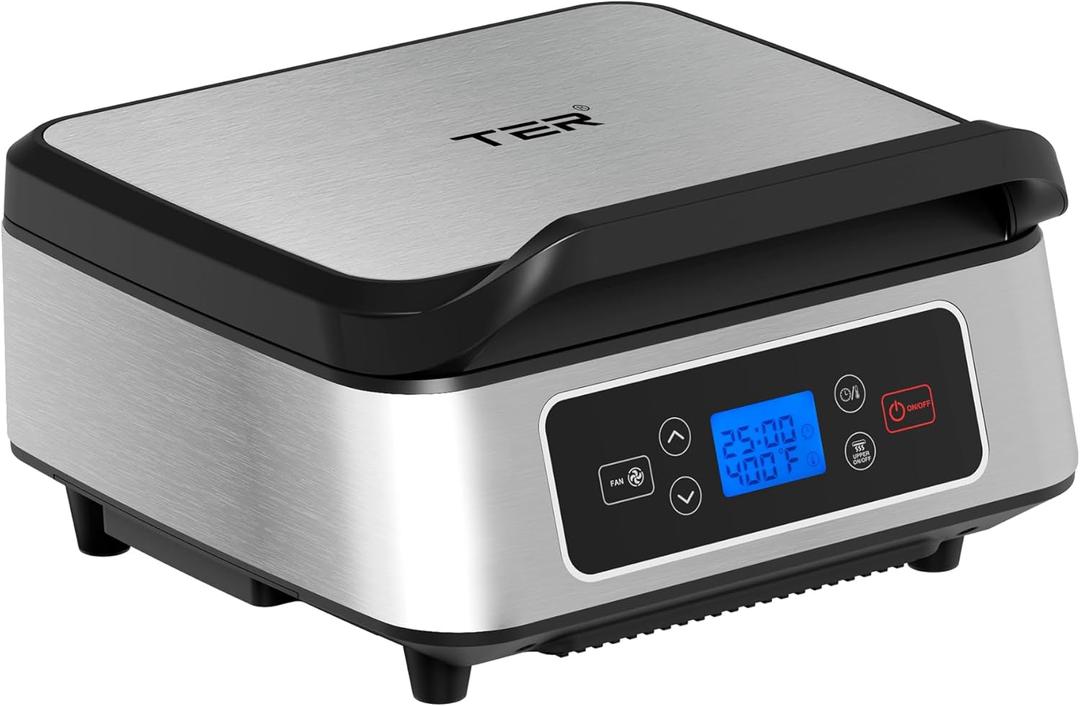 TER Smokeless Indoor Grill, Electric Contact Grill, Panini Press Sandwich Maker with Auto-Lift/Independent Upper Heating/Adjustable Temperature & Timer/Fan/Removable Non-Stick Plates, 1300W, Silver