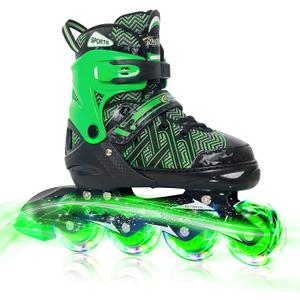 Nattork Adjustable Inline Skates for Kids Boys & Girls, Green with Light up Wheels, Youth Blade Roller Skating for Beginners Ages 3-15 (Green knight-1) Size 5-8