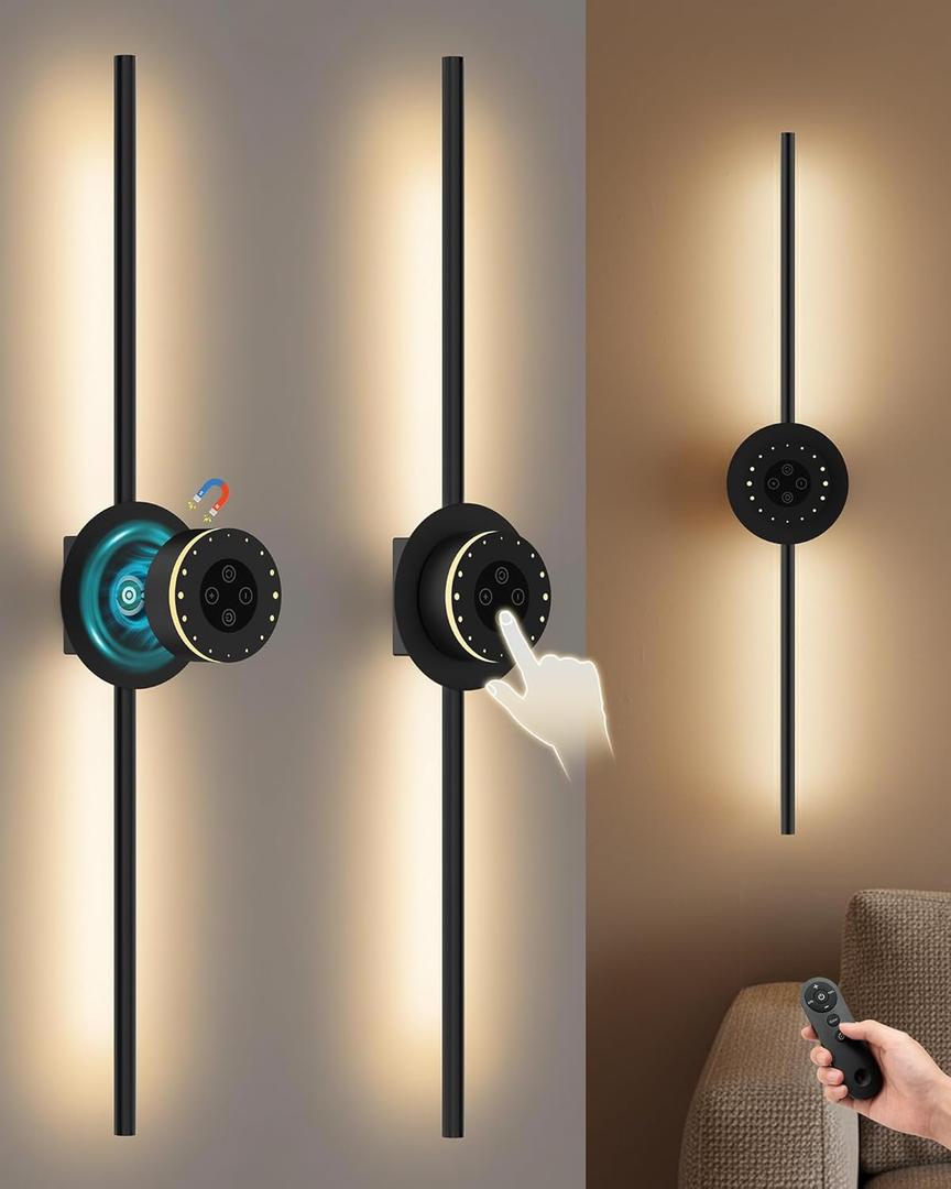 Battery Operated Wall Sconces Set of 2, Detachable 360 Rotate LED Wall Lamps Tubes with Remote Control, 10000mAh Rechargeable Dimmable Black Wall Lights for Bedroom, Living Room, Hallway, 30 Inch