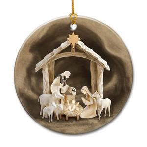 Rustic Nativity Christmas Ornament 2025-2-Sided Printed Ceramic Nativity Scene Ornaments, Religious Presents for Christian Women Men - Holy Family Jesus Christmas Tree Decorations