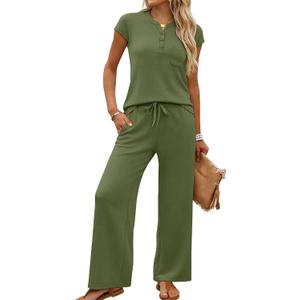 Casly Lamiit 2 Piece Lounge Sets for Women Summer Outfits Travel Airport Henley Sweatsuit Casual Wide Leg Crop Pants 2026 (Green, XL)