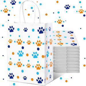 Kolldenn 16 Pcs Blue Cartoon Dog Paw Paper Bags with Handles Blue Orange Dog Birthday Party Favor Paw Treat Goodie Gift Bags for Cartoon Party Supplies, 8.3 x 5.9 x 3.1''