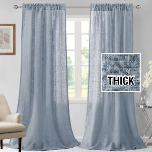 H.VERSAILTEX Linen Curtains 96 inches Long Natural Linen Blended Curtains for Living Room Burlap Linen Textured Curtains Light Filtering Rod Pocket Curtains Bedroom Curtains 2 Panel Sets, Stone Blue