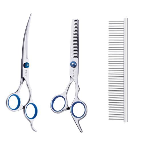 CADABY Dog Grooming Scissors,3 in 1 Dog Scissors with Safety Tips, Professional Stainless Steel Thinning Shears, Curved Pet Grooming Scissors Kit