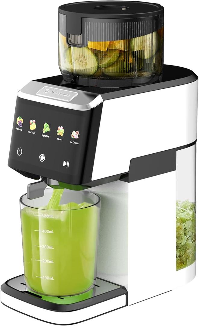 CFR606 Cold Press Juicer Machines,Touch Sensing Function,Double Filter Screen,5.3"Wide Feed Chute,350W Slow Masticating Juicer for Whole Vegetables & Fruits,Easy to Clean(White)