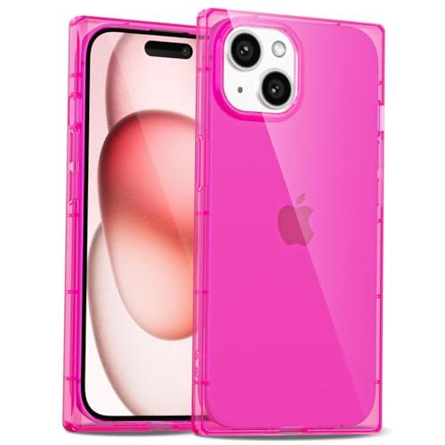 LoeoeL for iPhone 15 Clear Case Rectangle Edge, Slim Thin Transparent Girly Y2k Cute Designer Phone Case for Women, Trendy Aesthetic Design Soft TPU Silicone Rubber Cover, Bright Neon Hot Pink