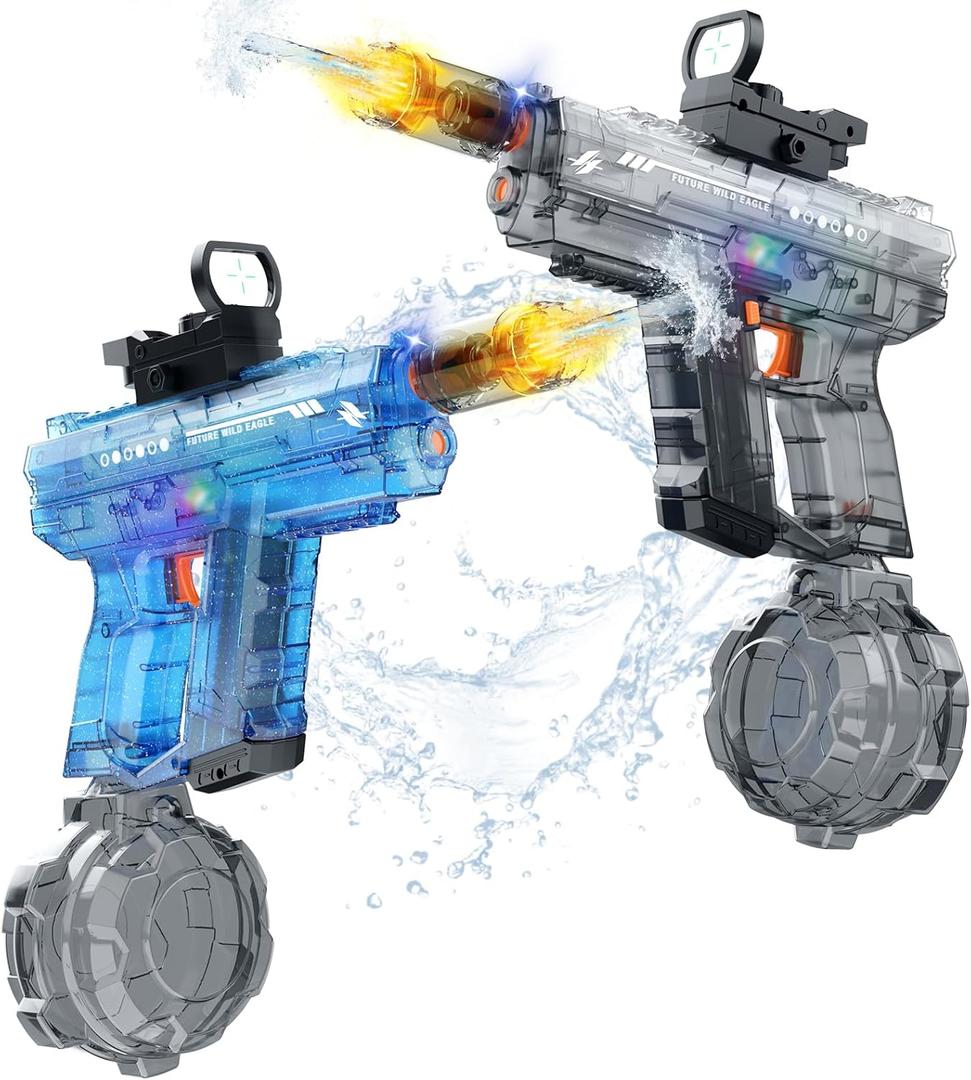 Electric Water Gun 2 Pack for Adults and Kids, Light Up Automatic Squirt Gun Watergun, 800CC Large Capacity, 26-33 FT Long Range, Summer Outdoor Beach Pool Party Toy Gift (Transparent Black+Blue)