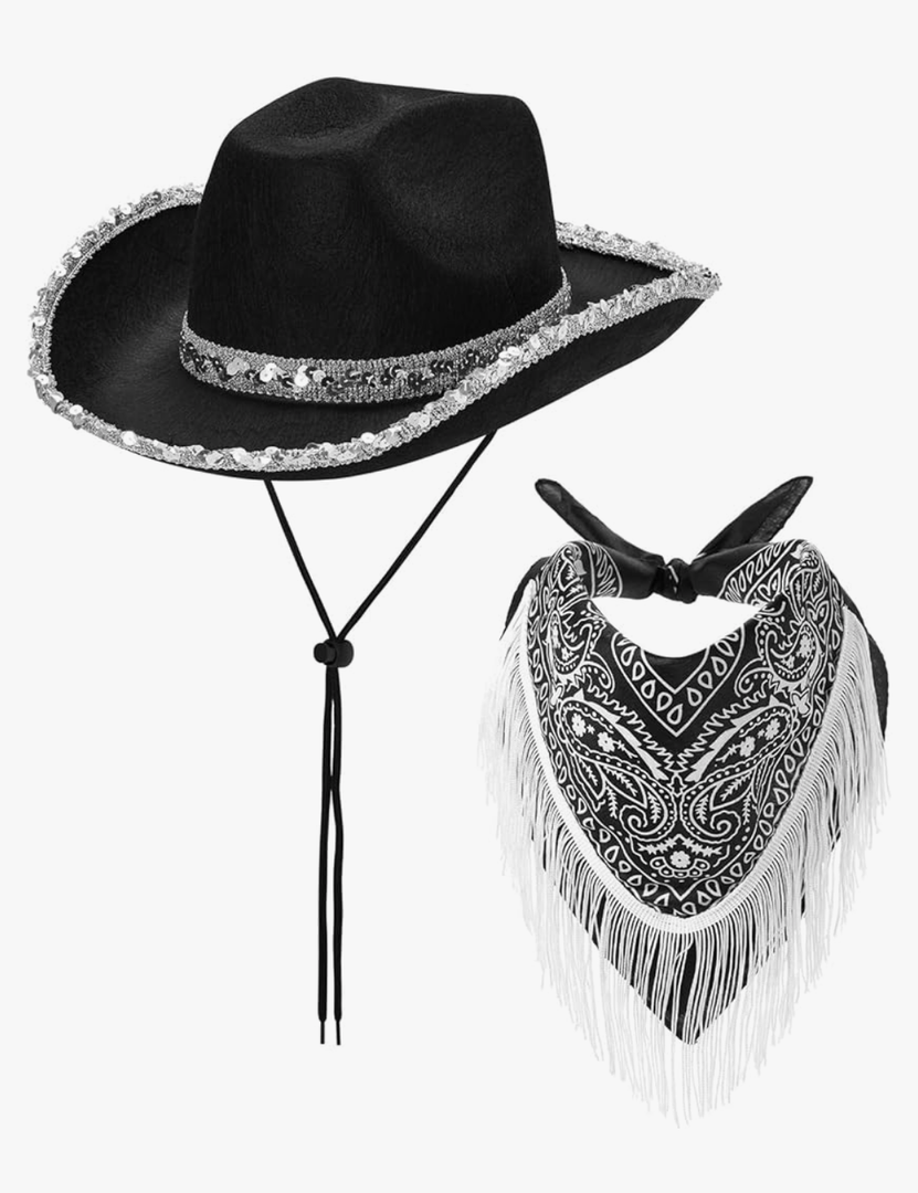 Western Cowboy Costume Set Bandana Wide Brim Western Style Sequins Cowgirl Hats & Tassel Scarf 2PCS Set for Party