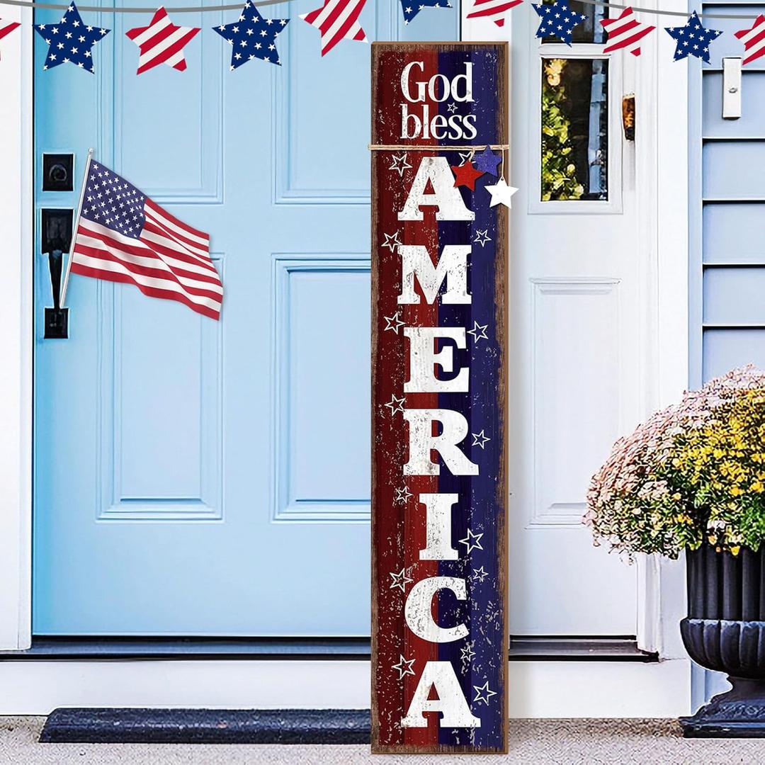 Patriotic Porch Sign 47" H 4th of July Door Decorations for Front Porch Wooden Red White Blue Vertical God Bless America Sign Outdoor Memorial Day Decorations for 250th Anniversary Outdoor