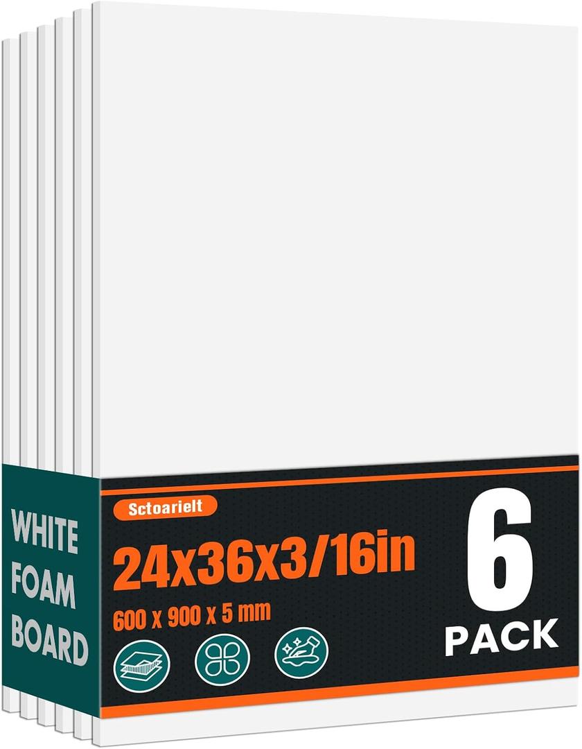 6 Pack White Foam Board for Art Craft, 24 x 36 x 3/16" Thick